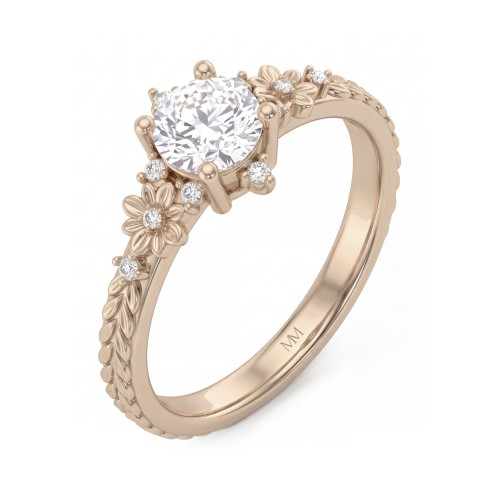 Primrose - Anillo vintage de moissanita redonda con hombros florales