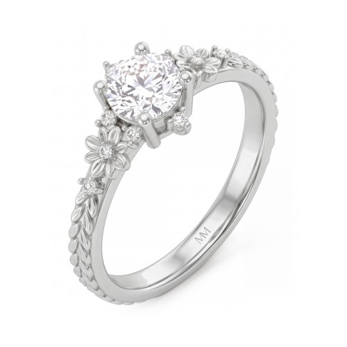 Primrose - Anillo vintage de moissanita redonda con hombros florales