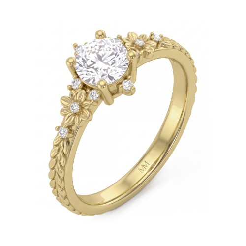 Primrose - Anillo vintage de moissanita redonda con hombros florales