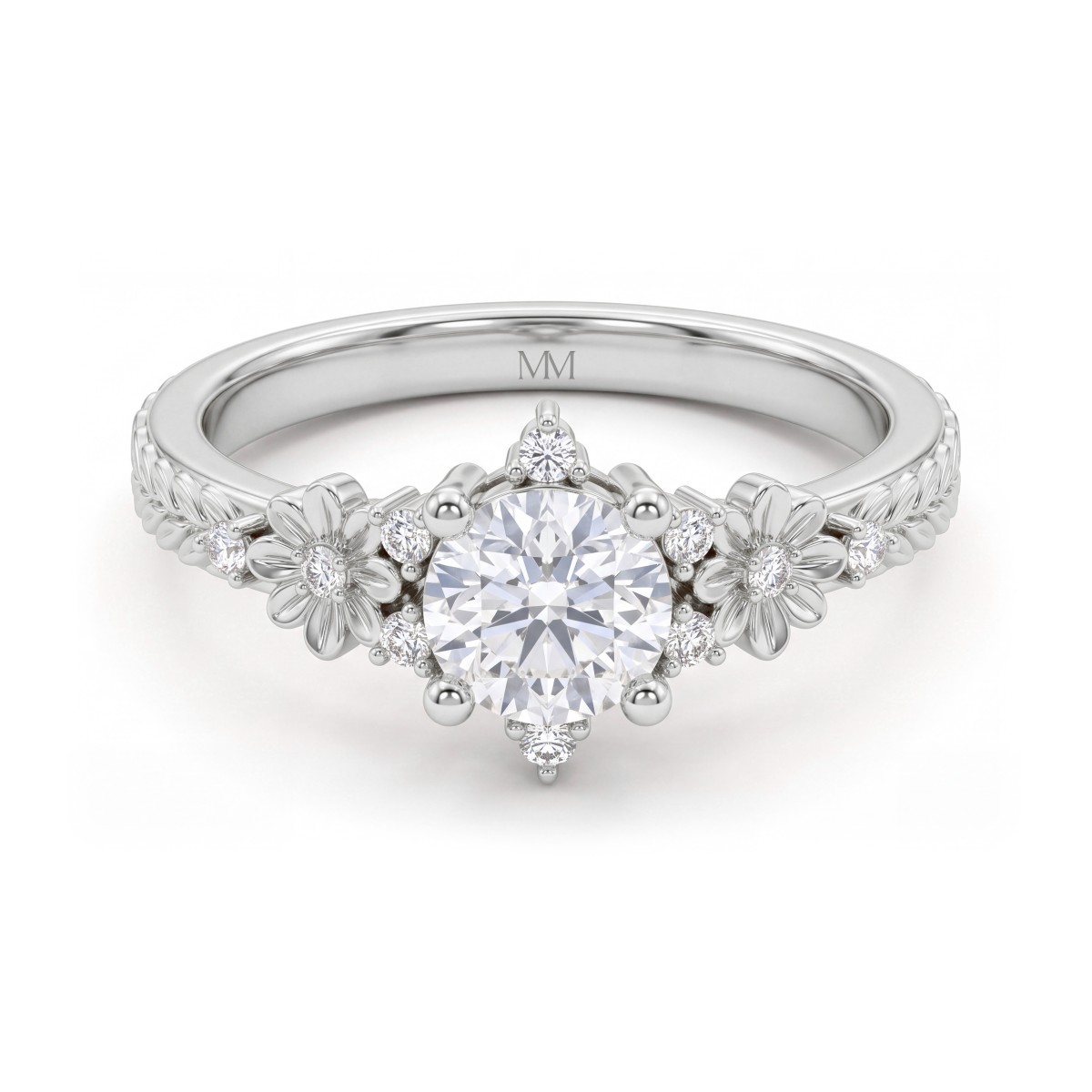 Primrose - Anillo vintage de moissanita redonda con hombros florales