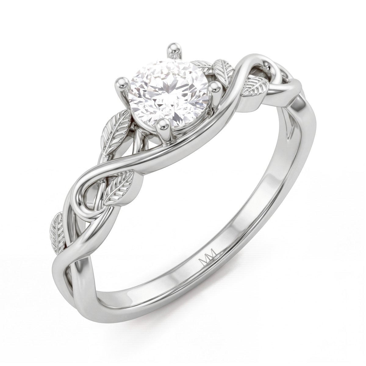 Ivy - Anillo de compromiso de moissanita redonda con brazos en forma de enredadera con hojas