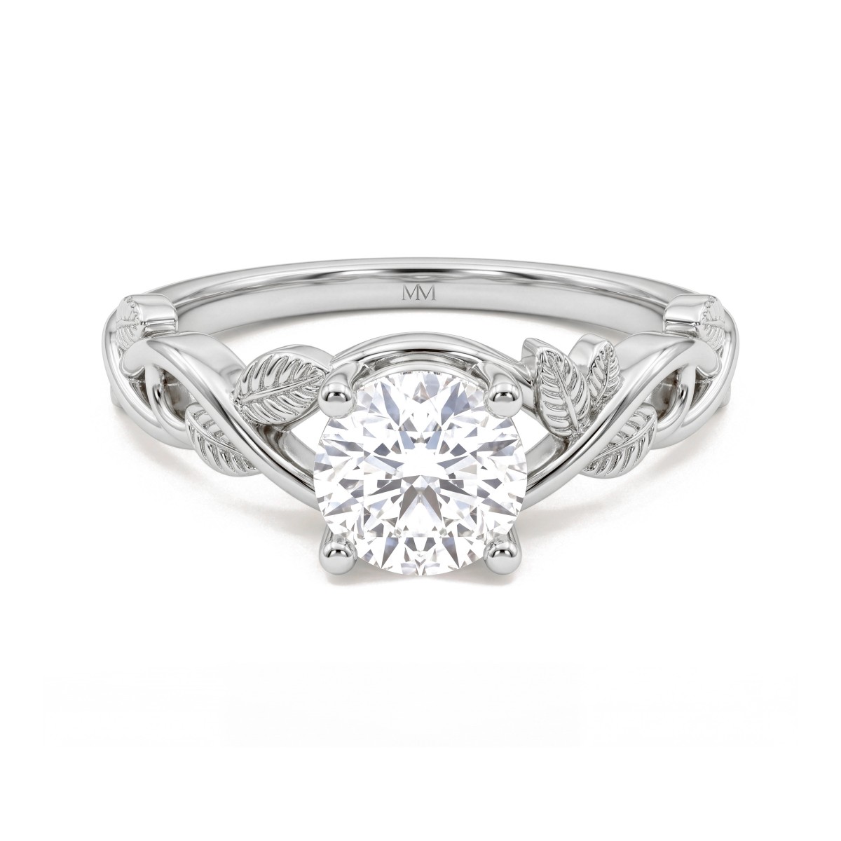 Ivy - Anillo de compromiso de moissanita redonda con brazos en forma de enredadera con hojas