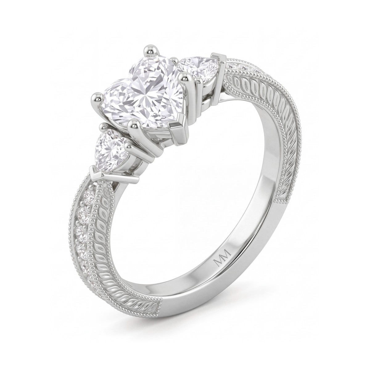 Cherie - Anillo de moissanita de talla corazón con piedras laterales en forma de corazón