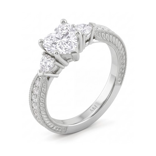 Cherie - Anillo de moissanita de talla corazón con piedras laterales en forma de corazón
