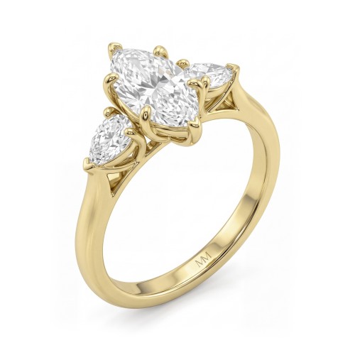 Navette - Anillo de compromiso tresillo de moissanita talla marquesa con piedras laterales en forma de pera orientadas hacia el exterior