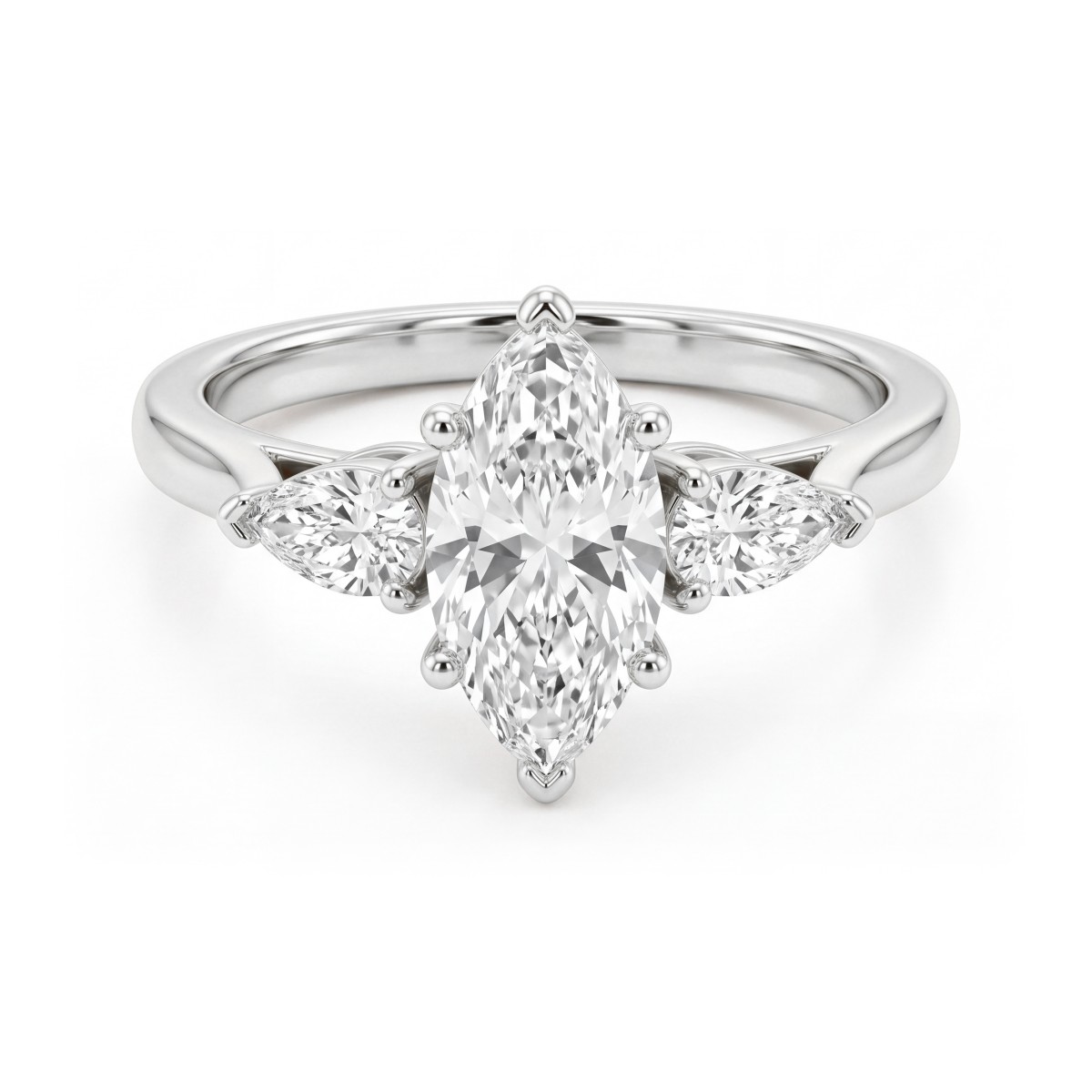 Navette - Anillo de compromiso tresillo de moissanita talla marquesa con piedras laterales en forma de pera orientadas hacia el exterior