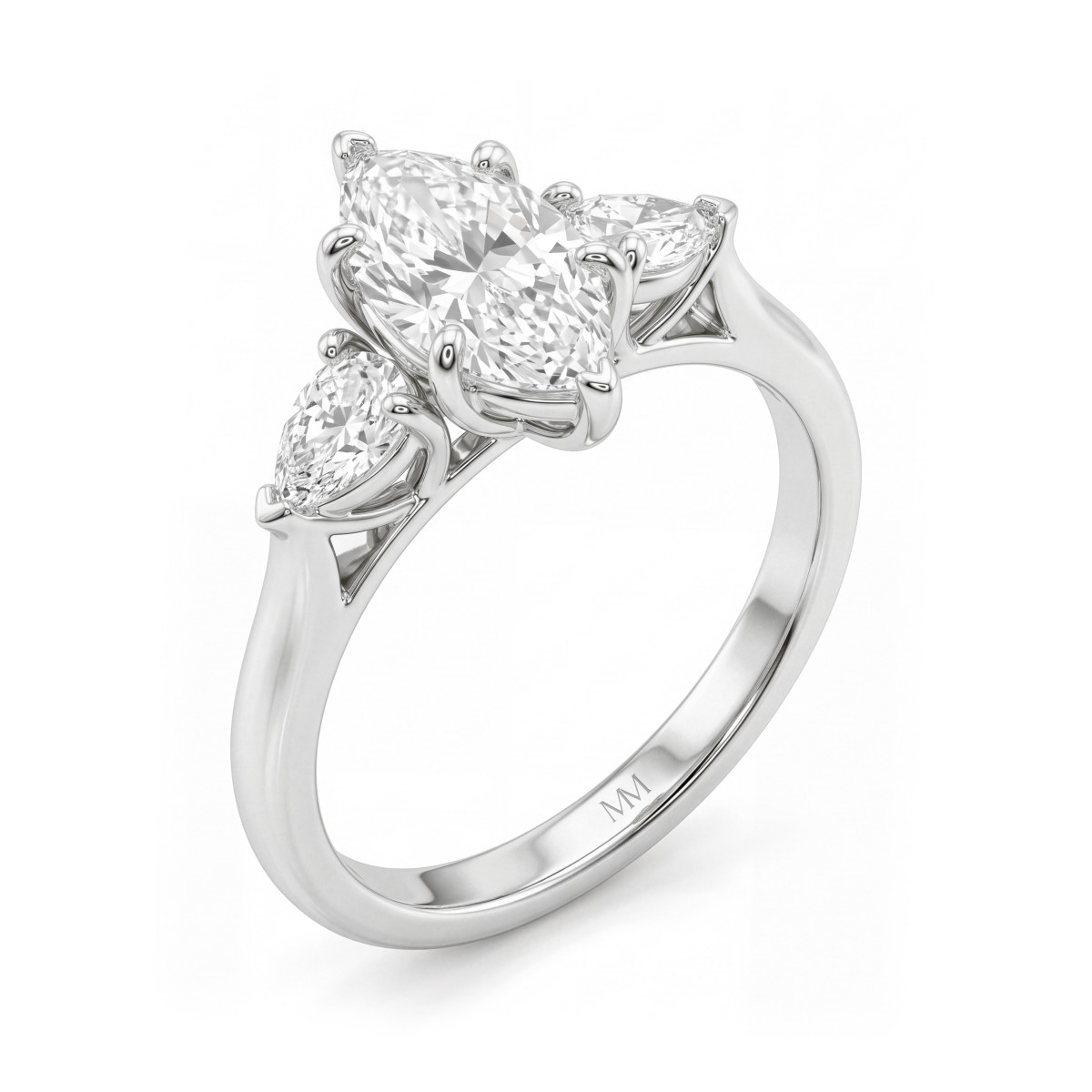 Navette - Anillo de compromiso tresillo de moissanita talla marquesa con piedras laterales en forma de pera orientadas hacia el exterior