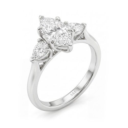 Navette - Anillo de compromiso tresillo de moissanita talla marquesa con piedras laterales en forma de pera orientadas hacia el exterior