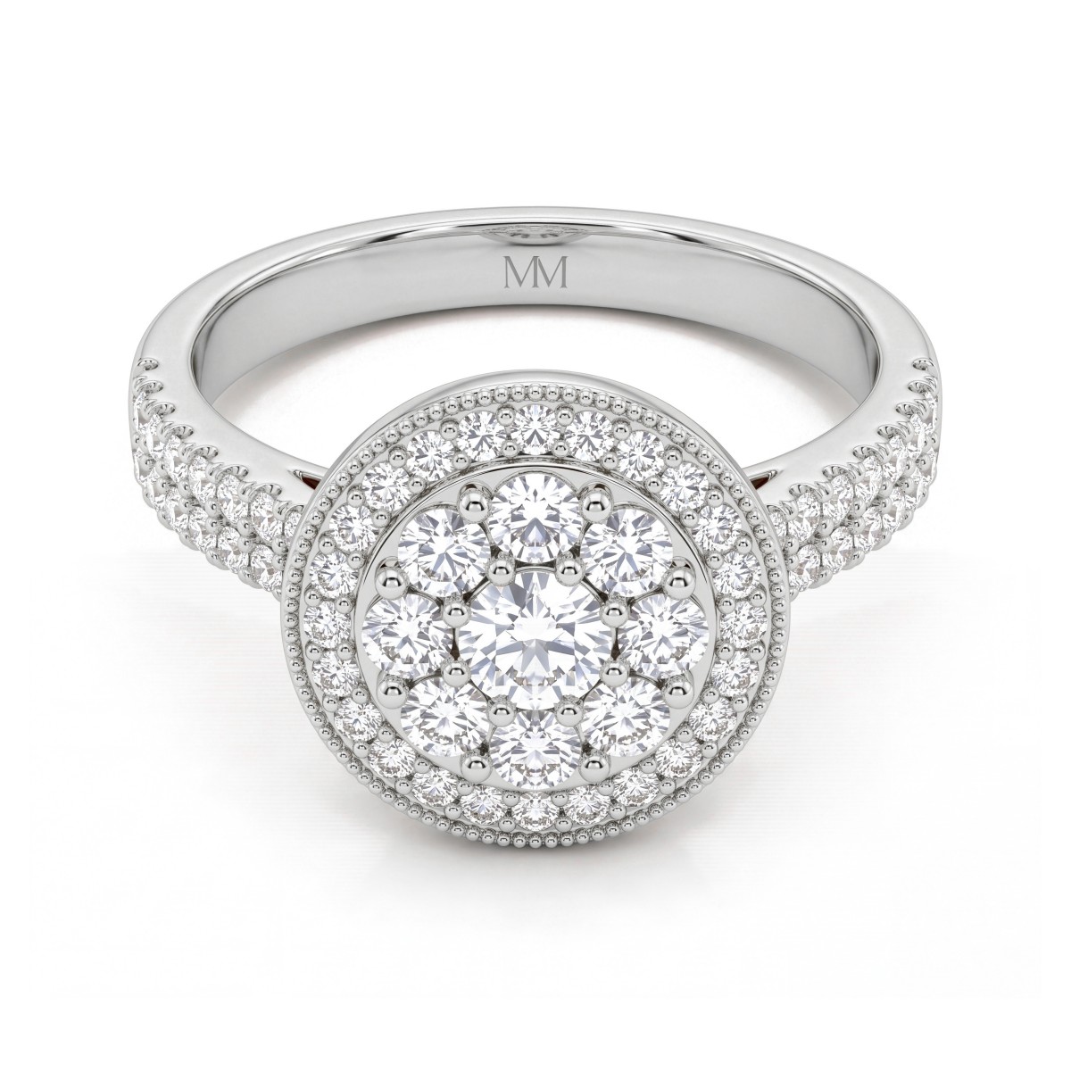 Corollina - Anillo de moissanita redonda en racimo con halo y hombros con pavé