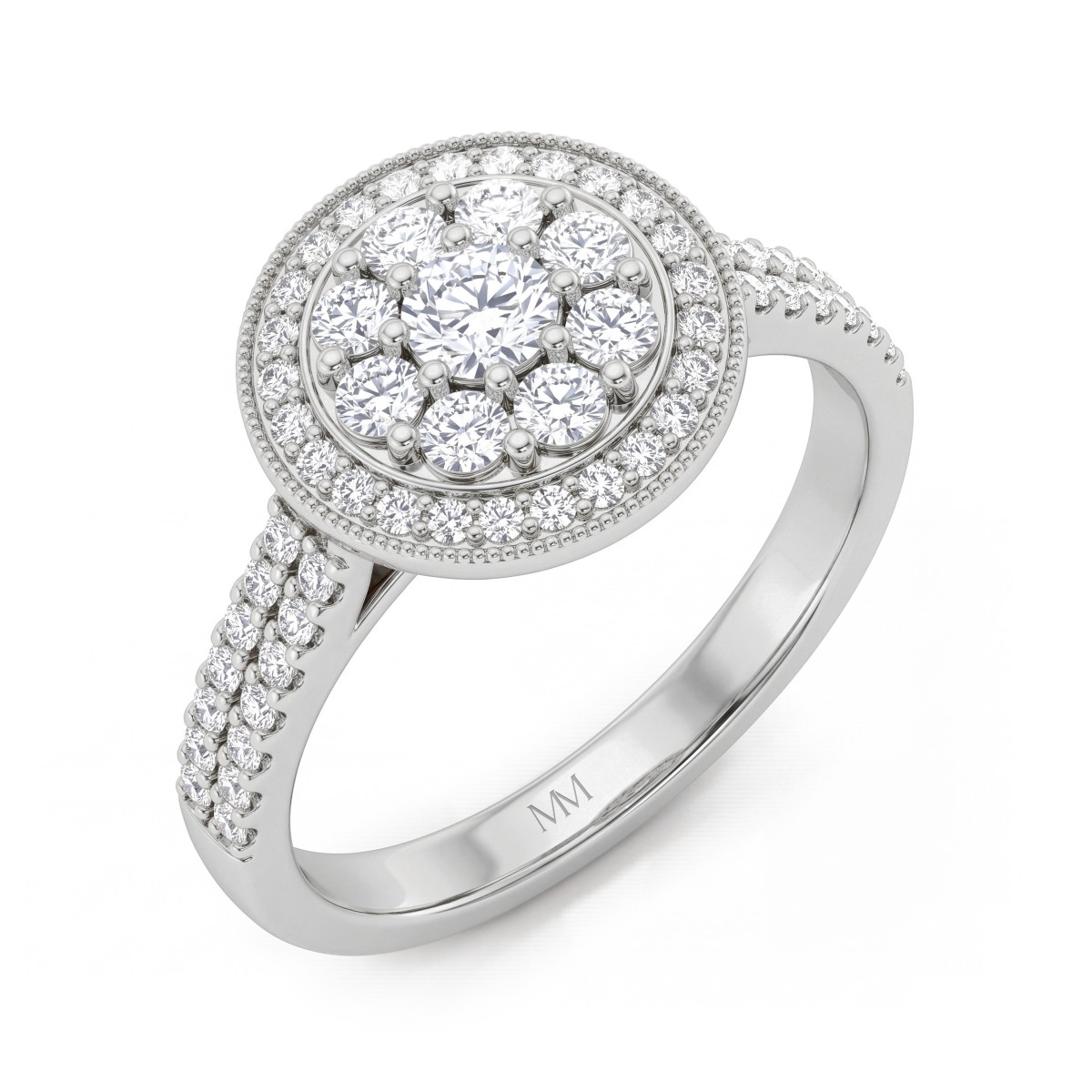Corollina - Anillo de moissanita redonda en racimo con halo y hombros con pavé