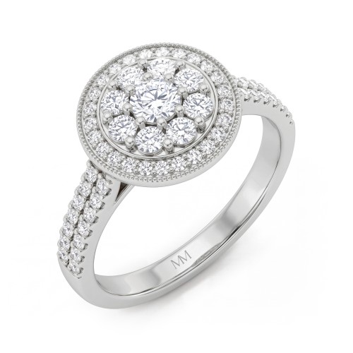 Corollina - Anillo de moissanita redonda en racimo con halo y hombros con pavé