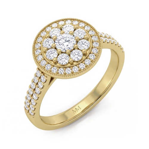 Corollina - Anillo de moissanita redonda en racimo con halo y hombros con pavé