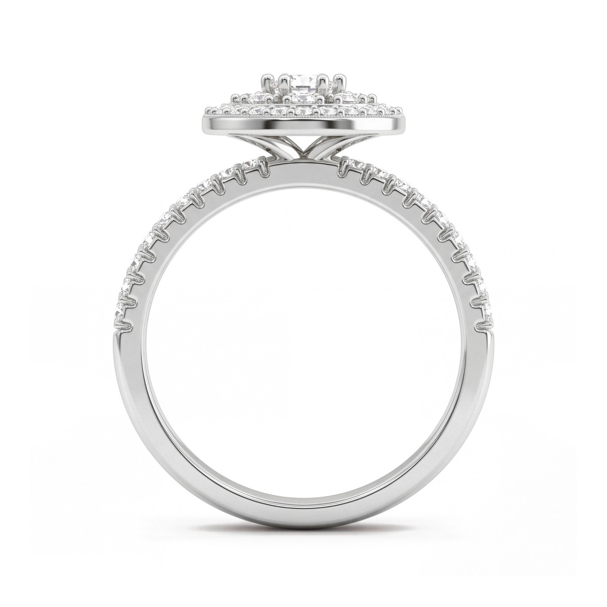 Corollina - Anillo de moissanita redonda en racimo con halo y hombros con pavé