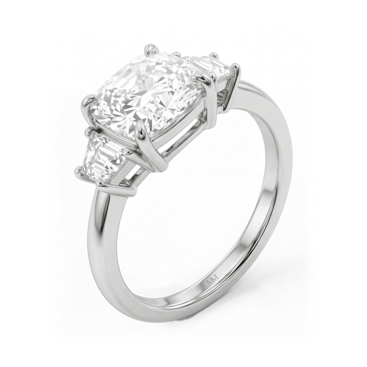 Trinity - Anillo tresillo de moissanita cojín con piedras laterales trapezoidales