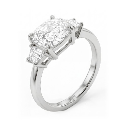 Trinity - Anillo tresillo de moissanita cojín con piedras laterales trapezoidales