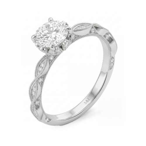 Plume - Anillo vintage de moissanita redonda con collarín en forma de loto en pavé