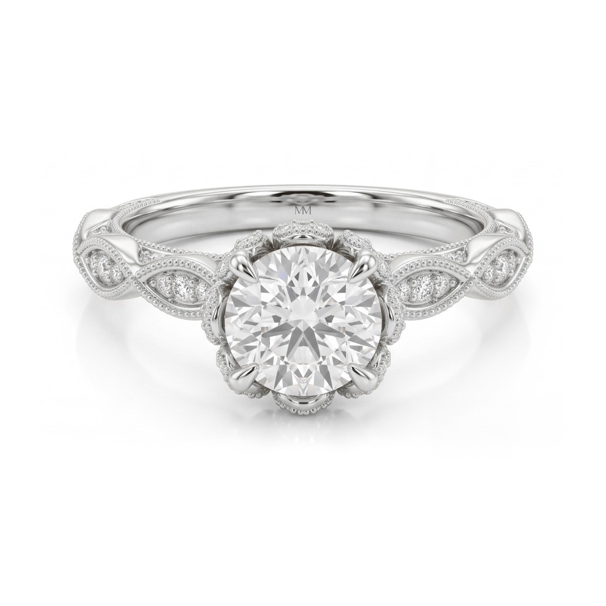 Plume - Anillo vintage de moissanita redonda con collarín en forma de loto en pavé