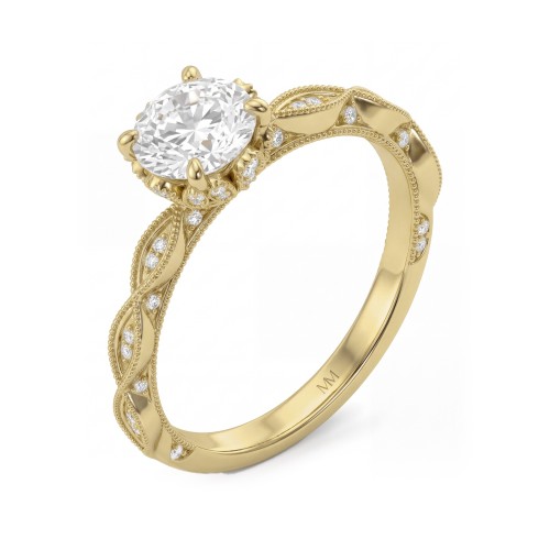 Plume - Anillo vintage de moissanita redonda con collarín en forma de loto en pavé