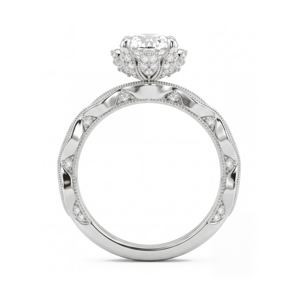 Plume - Anillo vintage de moissanita redonda con collarín en forma de loto en pavé
