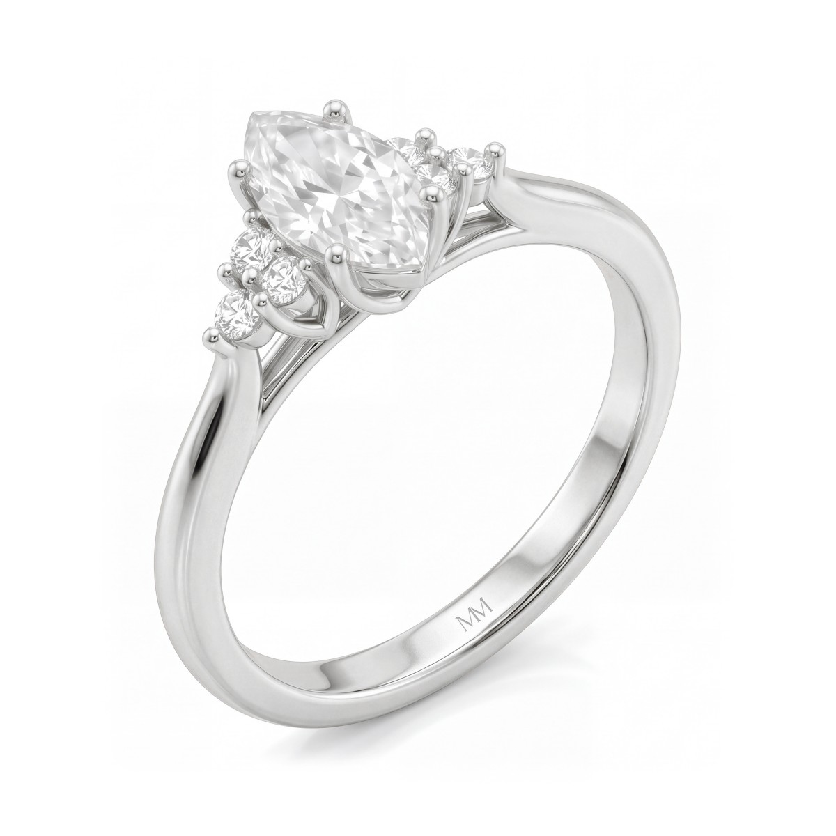 Posy - Anillo de moissanita talla marquesa con piedras laterales en racimo