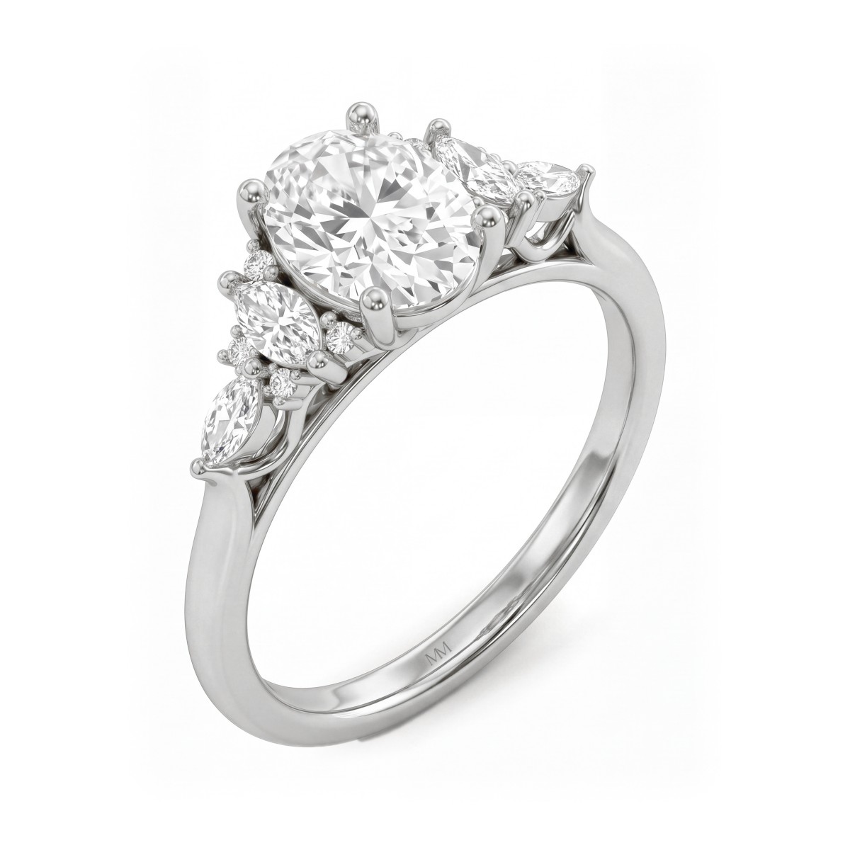 Ondine - Anillo de moissanita oval con racimos de piedras de talla marquesa en los hombros