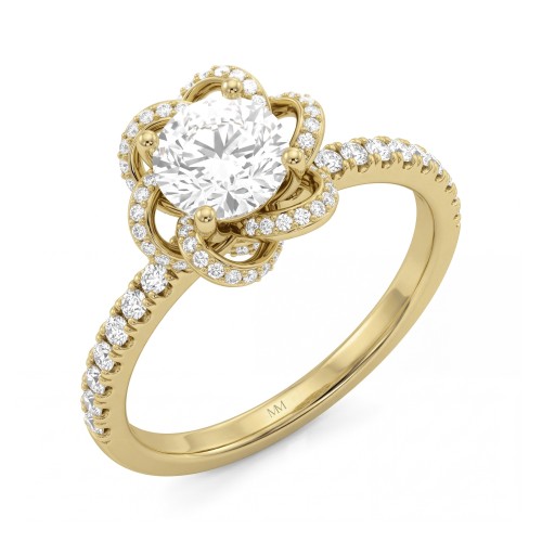 Camellia - Anillo de moissanita redonda con pétalos en forma de cinta engastados en pavé