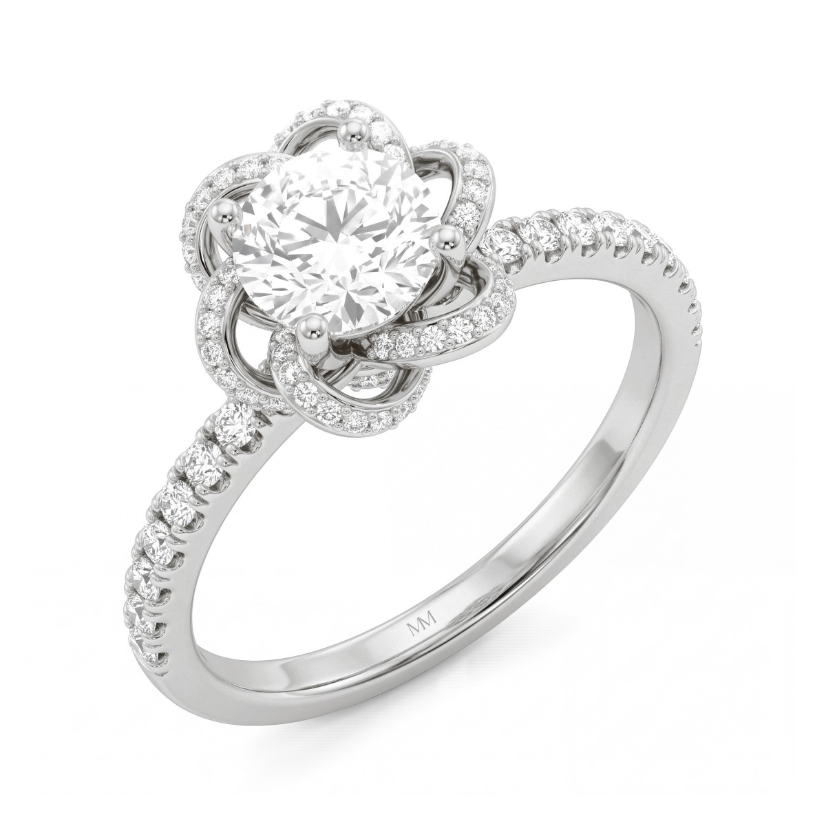 Camellia - Anillo de moissanita redonda con pétalos en forma de cinta engastados en pavé