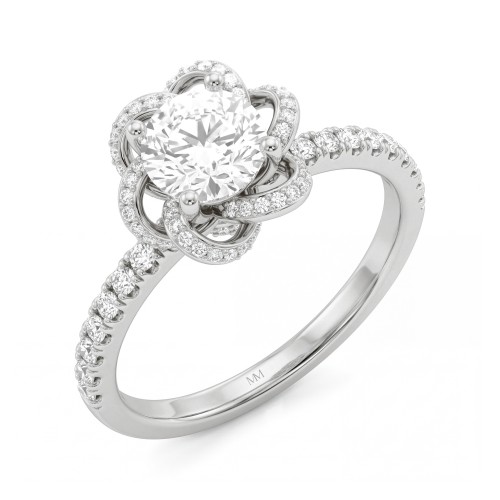 Camellia - Anillo de moissanita redonda con pétalos en forma de cinta engastados en pavé
