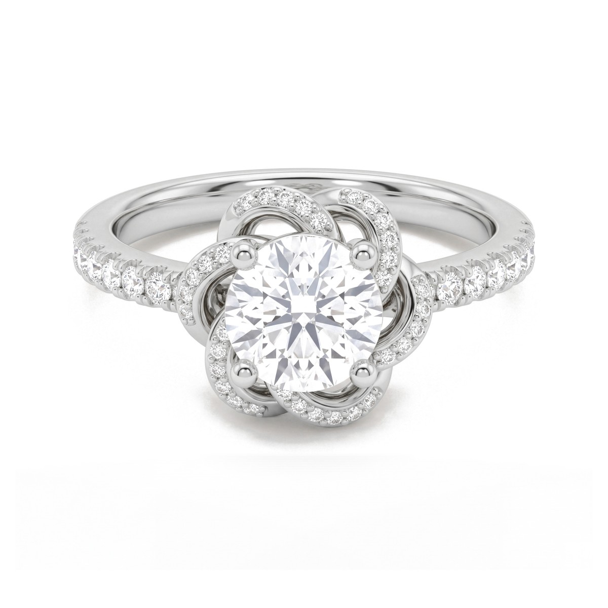 Camellia - Anillo de moissanita redonda con pétalos en forma de cinta engastados en pavé