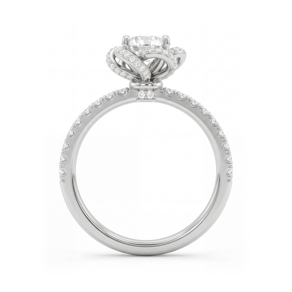 Camellia - Anillo de moissanita redonda con pétalos en forma de cinta engastados en pavé