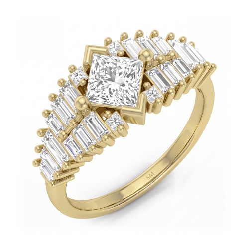 Princelle - Anillo art déco de moissanita talla princesa con hombros de baguettes escalonadas