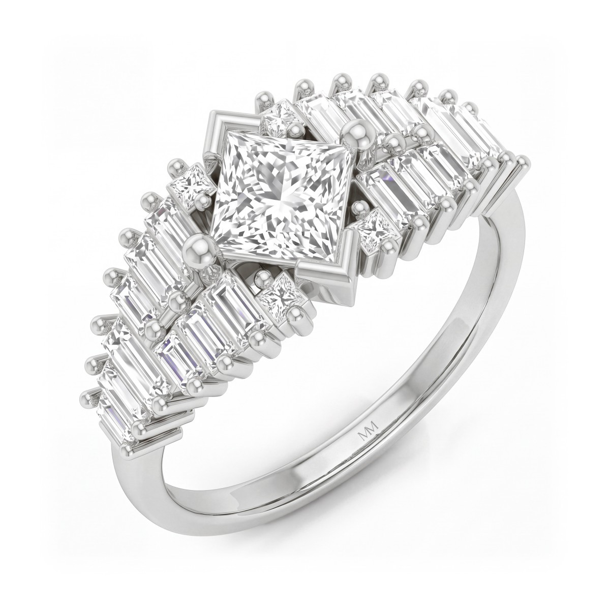 Princelle - Anillo art déco de moissanita talla princesa con hombros de baguettes escalonadas