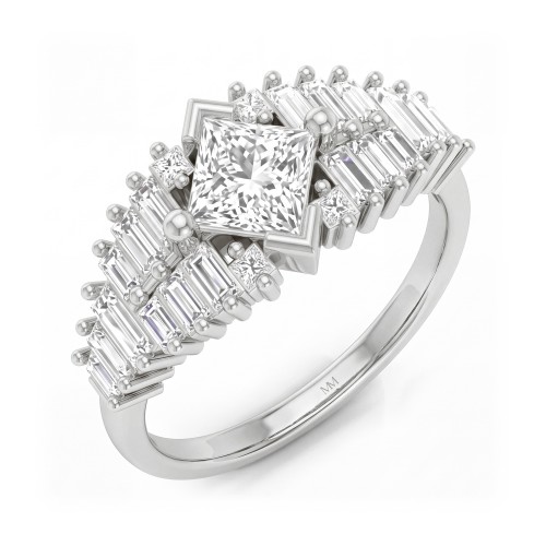 Princelle - Anillo art déco de moissanita talla princesa con hombros de baguettes escalonadas