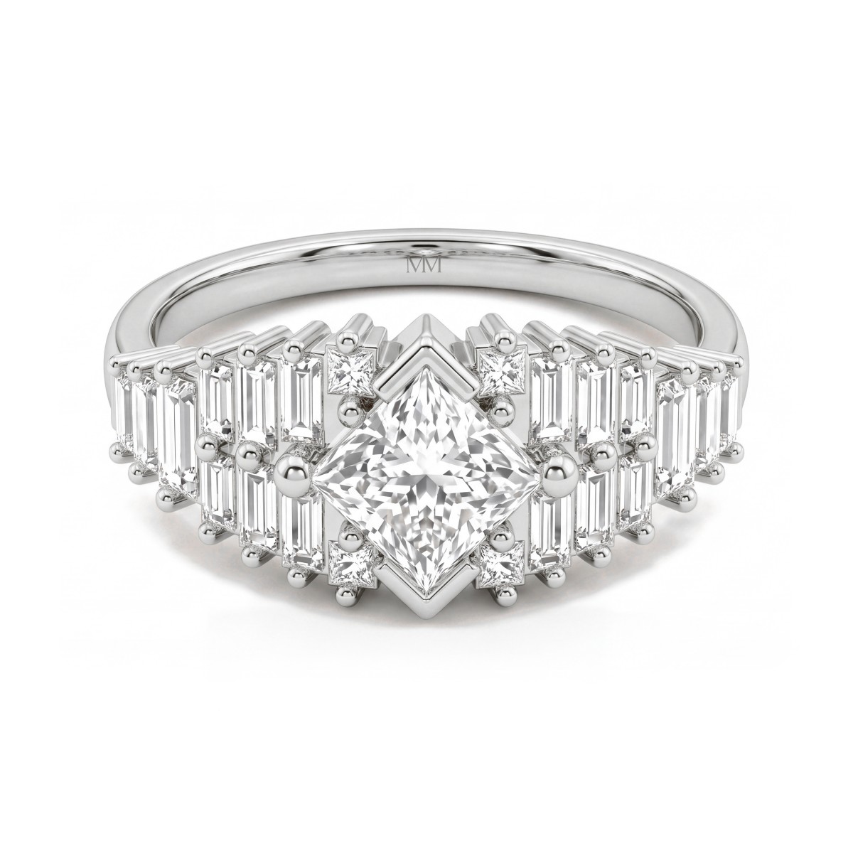 Princelle - Anillo art déco de moissanita talla princesa con hombros de baguettes escalonadas