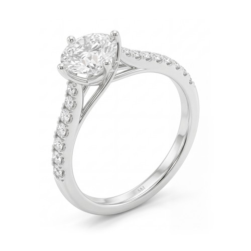 Cadence - Anillo de compromiso de moissanita redonda con engaste de celosía y pavé graduado