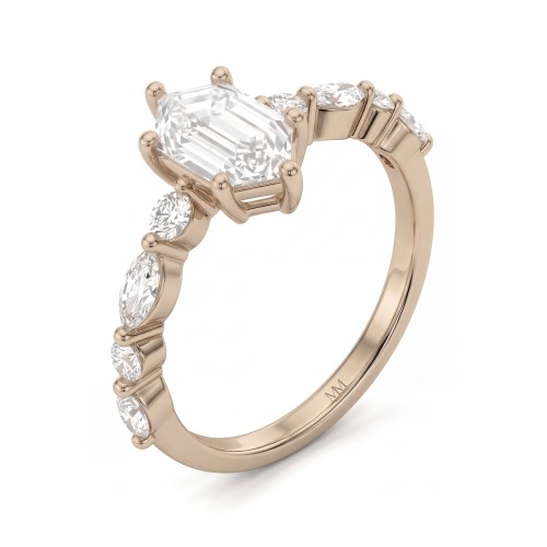 Prisma - Anillo de compromiso de moissanita hexagonal alargada con piedras laterales de talla marquesa y redondas