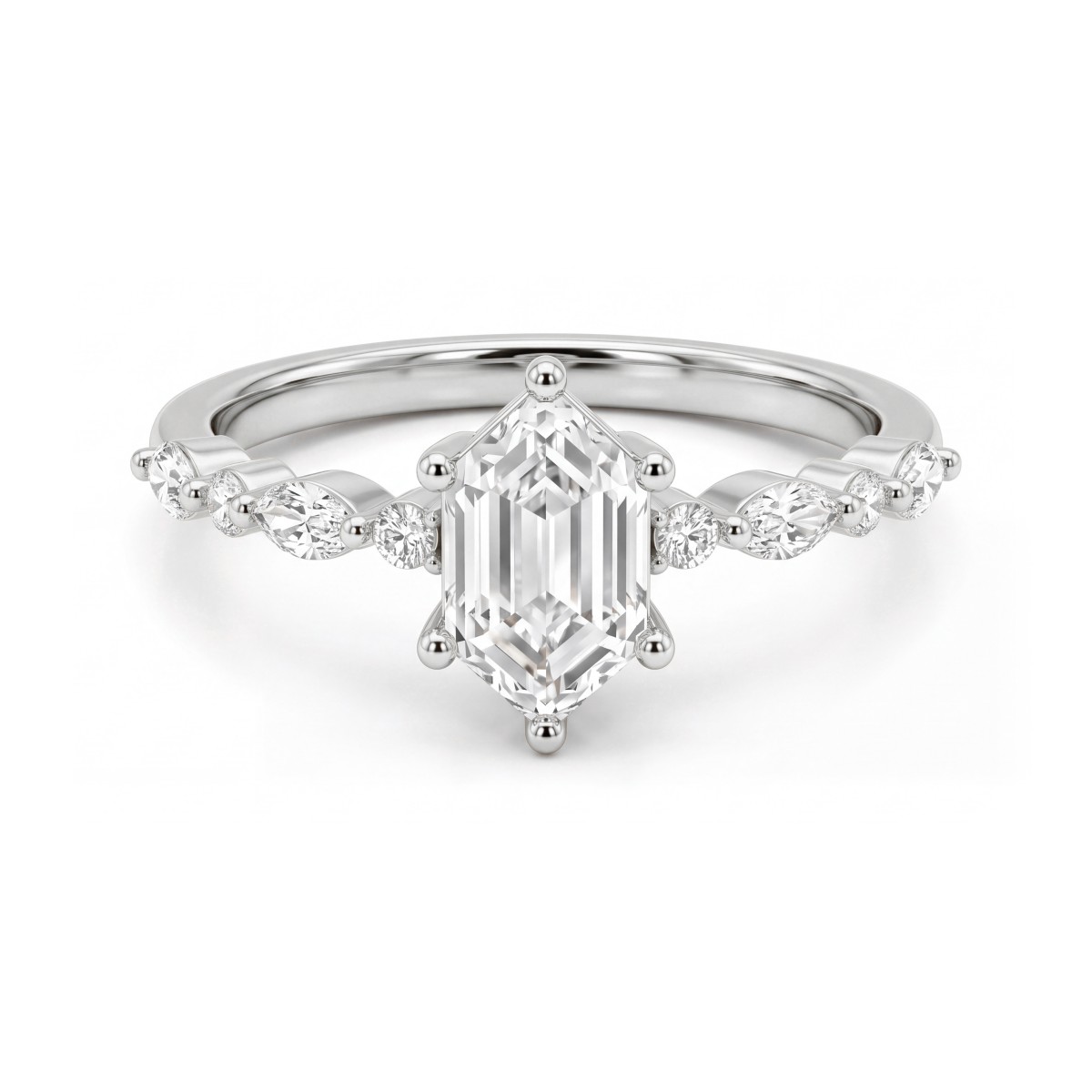 Prisma - Anillo de compromiso de moissanita hexagonal alargada con piedras laterales de talla marquesa y redondas