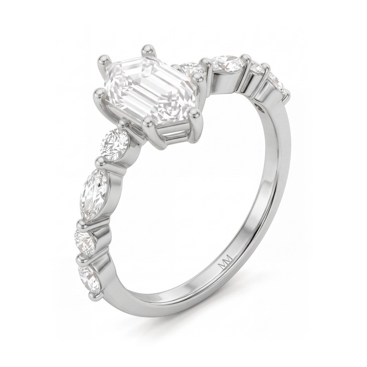 Prisma - Anillo de compromiso de moissanita hexagonal alargada con piedras laterales de talla marquesa y redondas