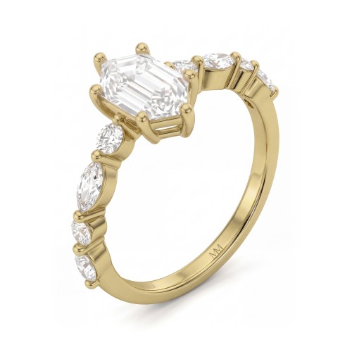 Prisma - Anillo de compromiso de moissanita hexagonal alargada con piedras laterales de talla marquesa y redondas
