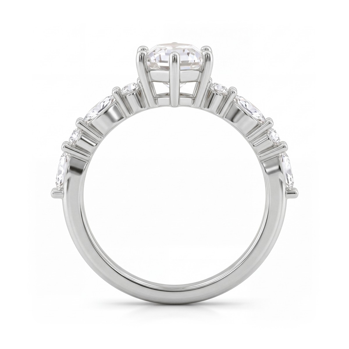 Prisma - Anillo de compromiso de moissanita hexagonal alargada con piedras laterales de talla marquesa y redondas