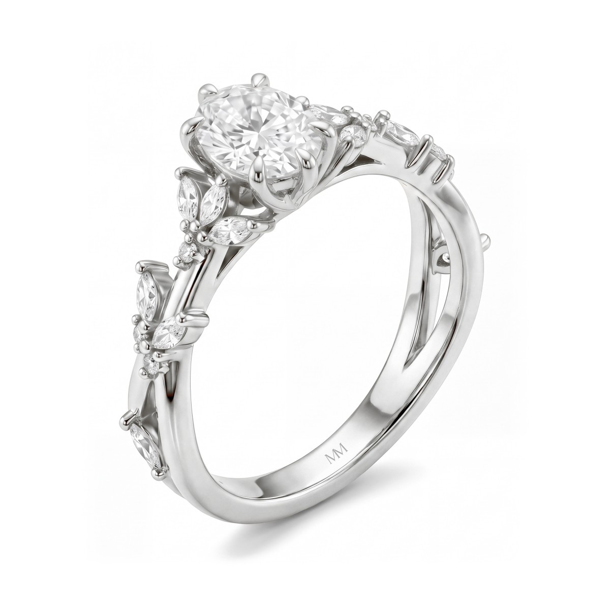 Sylvaine - Anillo de compromiso de moissanita ovalada con grupos de piedras de talla marquesa en forma de hojas y doble brazo