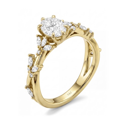 Sylvaine - Anillo de compromiso de moissanita ovalada con grupos de piedras de talla marquesa en forma de hojas y doble brazo