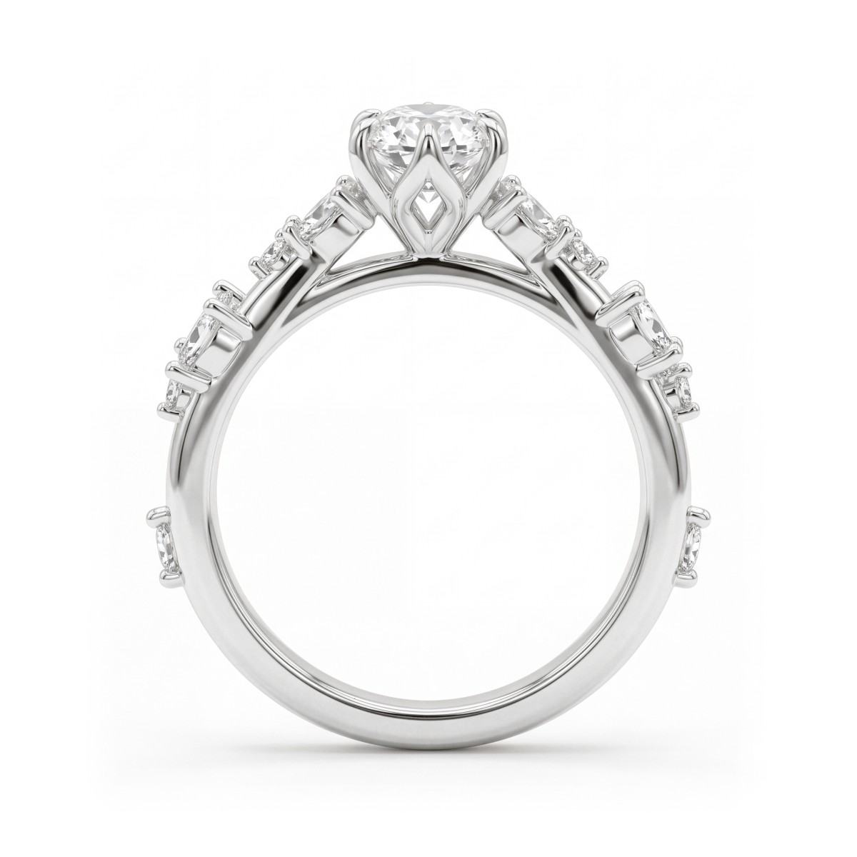 Sylvaine - Anillo de compromiso de moissanita ovalada con grupos de piedras de talla marquesa en forma de hojas y doble brazo