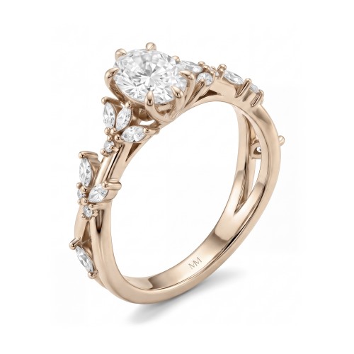 Sylvaine - Anillo de compromiso de moissanita ovalada con grupos de piedras de talla marquesa en forma de hojas y doble brazo