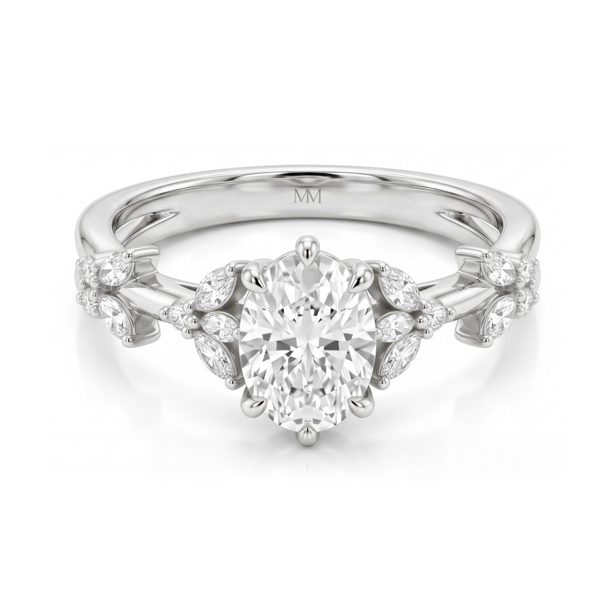 Sylvaine - Anillo de compromiso de moissanita ovalada con grupos de piedras de talla marquesa en forma de hojas y doble brazo