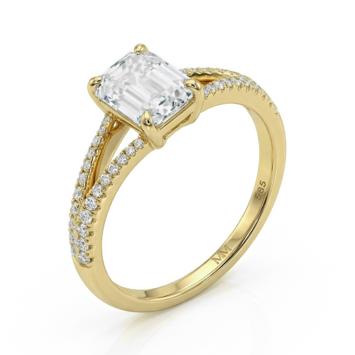 Emelise - Emerald Cut Moissanite Ring with Split-Shank and Side Stones