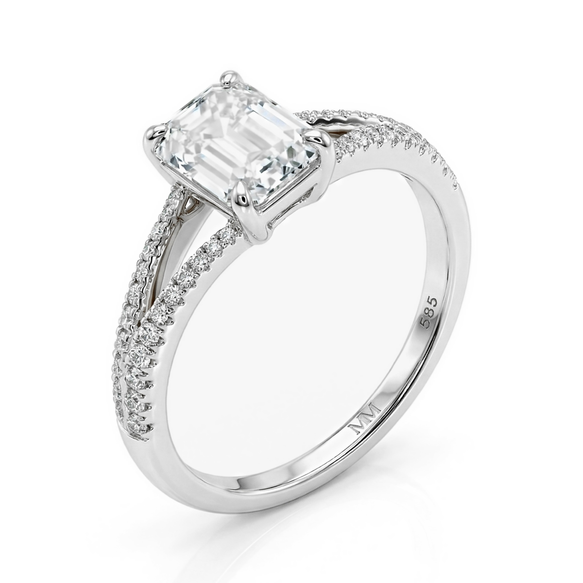 Emelise - Anillo de moissanita de talla esmeralda con doble brazo y piedras laterales