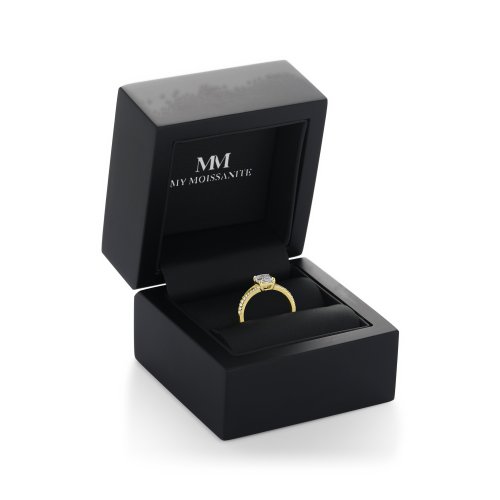 Emelise - Emerald Cut Moissanite Ring with Split-Shank and Side Stones