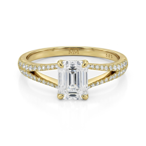 Emelise - Emerald Cut Moissanite Ring with Split-Shank and Side Stones