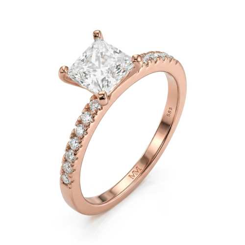 Celestia - Anillo de moissanita talla princesa con piedras laterales en pavé